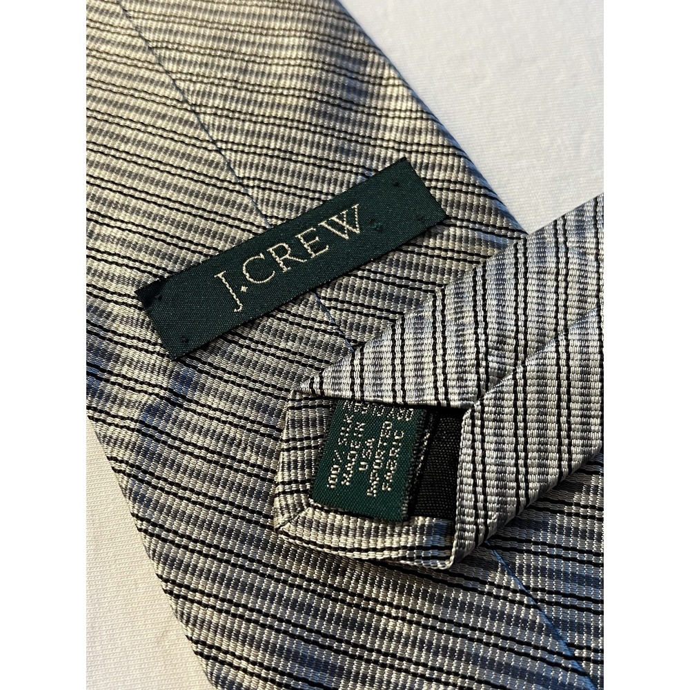 J Crew Silver Grey Stipes Woven Hand Made 100% Silk Tie Necktie Made In USA